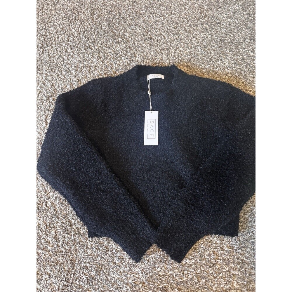 Sage The Label Celinda Sweater Women S Black Fuzzy Cropped Long Sleeve NWT
